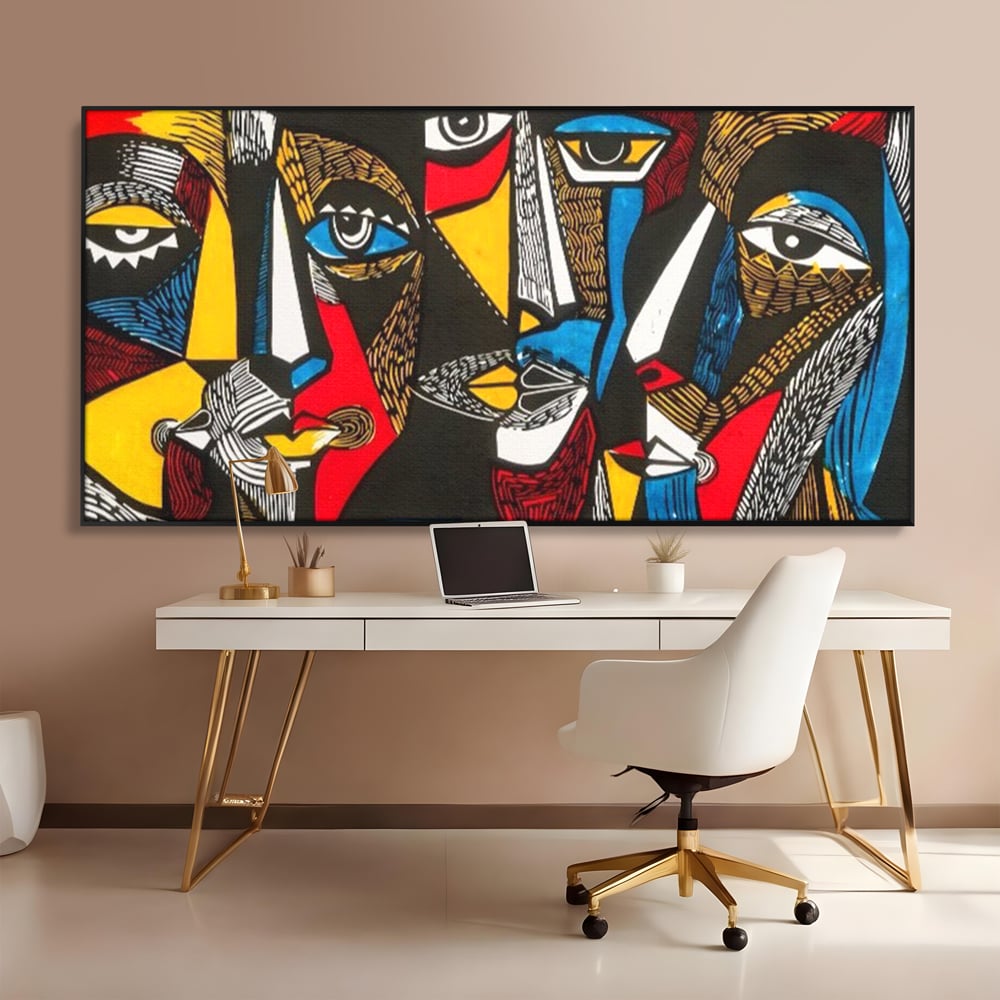 Tablou canvas cu tablou abstract cu fete colorate, in rama de aluminiu negru, pe perete intr-un birou